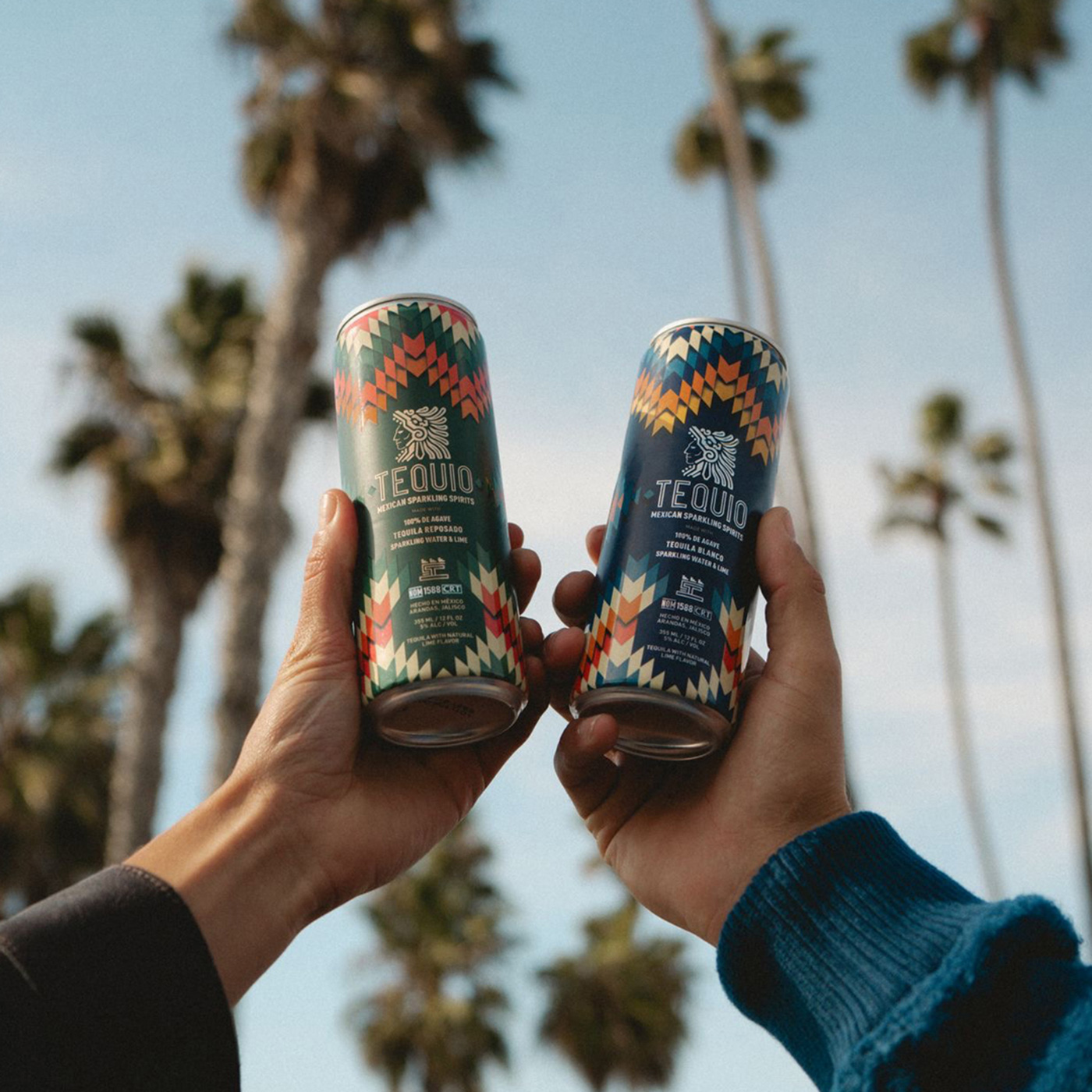 two cans of Tequio held up to palm tree background